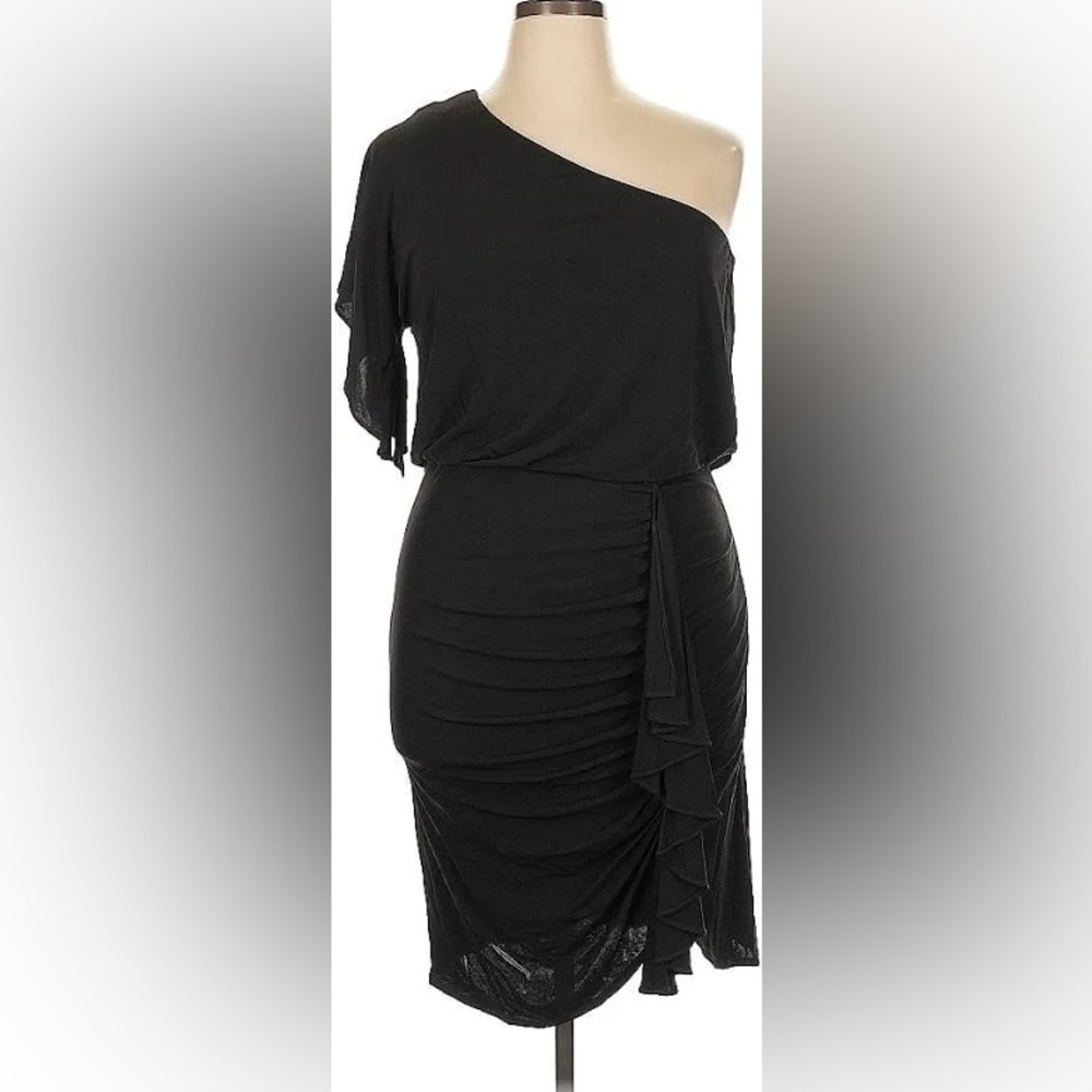 David Meister black one shoulder ruched cocktail dress size 14